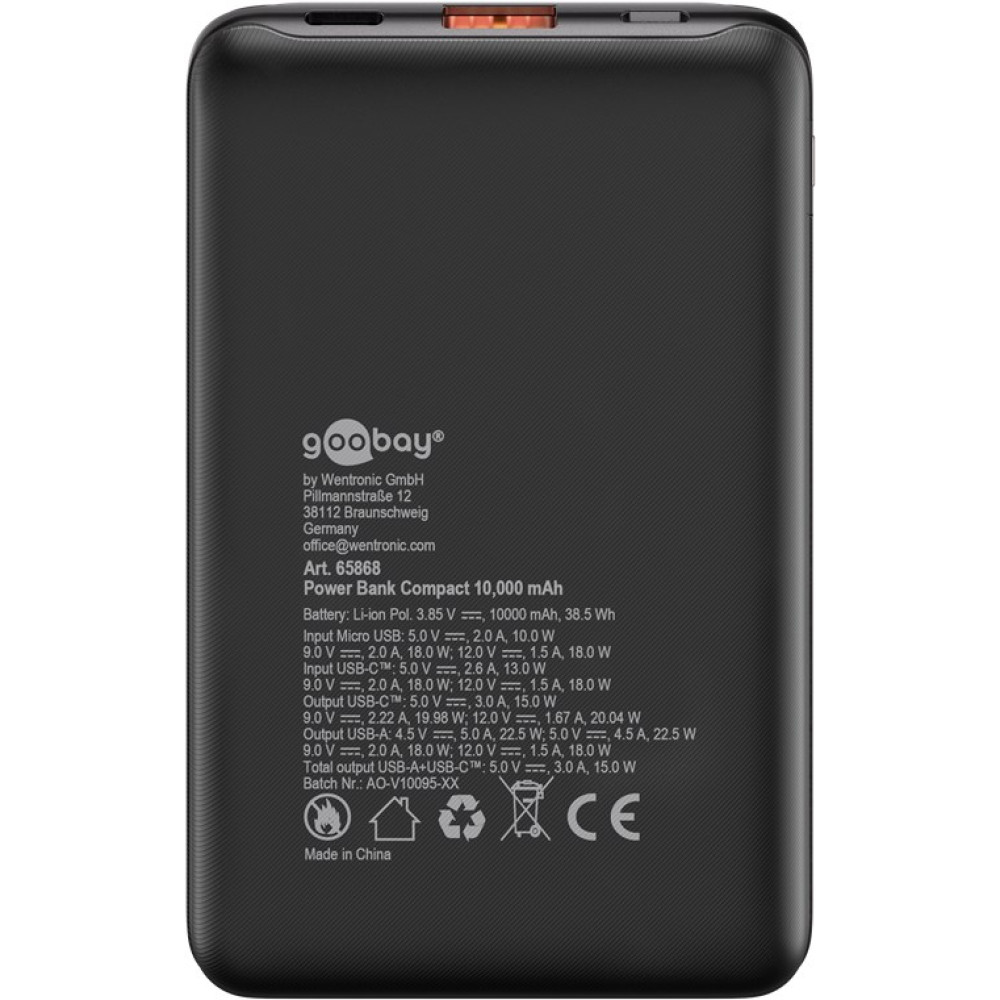 Power Bank Compact 10,000 mAh, goobay 65868 γρήγορης φόρτισης